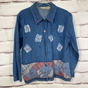 Bobbie Brooks Shirt SZ L Embellished Denim Shacket Embroidered Flowers Patches